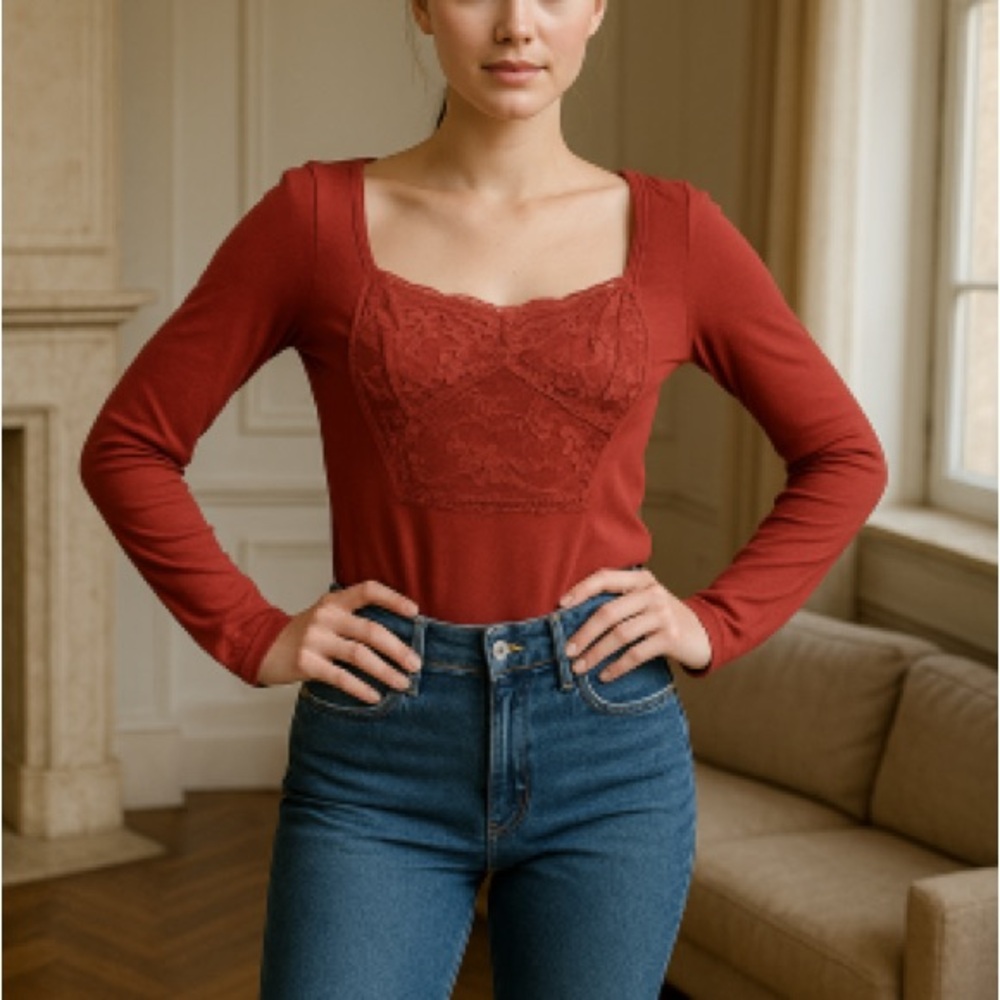 NWT Free People Long Sleeve Lace Trim Blouse‎ in Rose Size Small